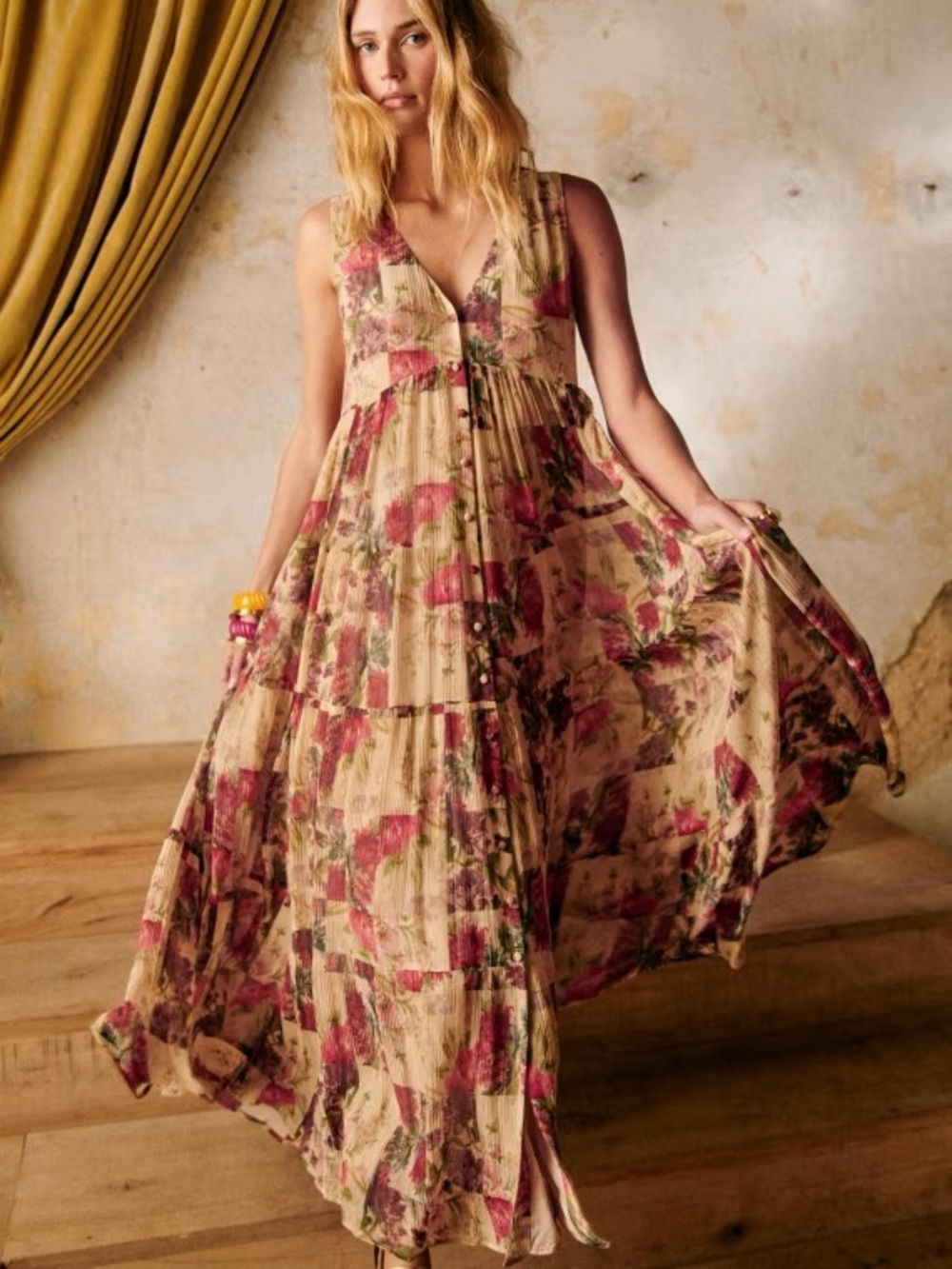 SEZANE Cream Red Rose Floral Patchwork Sleeveless Flowy Silk Alameda Maxi Dress